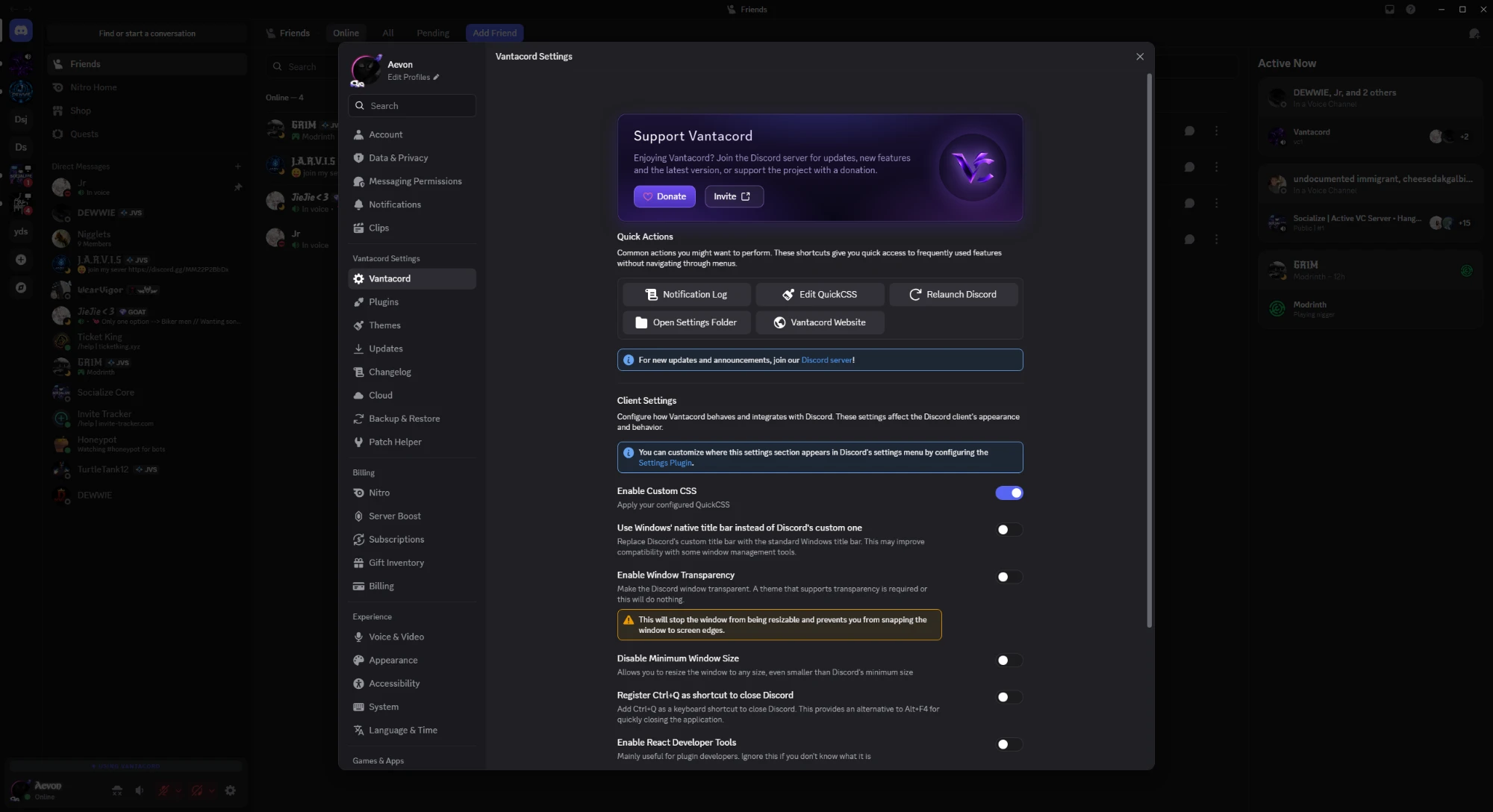 Vantacord settings inside Discord: the Support Vantacord card, Quick Actions and client settings